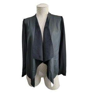 MDS Women's XS Zara Basic Sheer Sleeve Open Front Black Faux Leather Jacket Coat